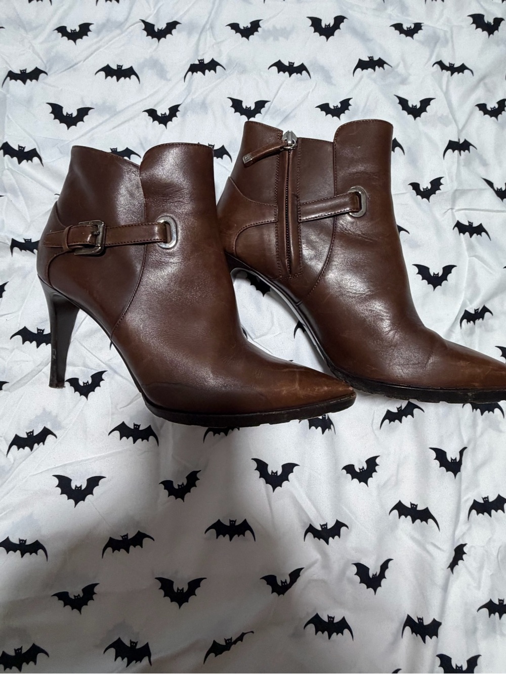 Ralph Lauren Dark Brown Leather Pointed Ankle Booties with Buckle